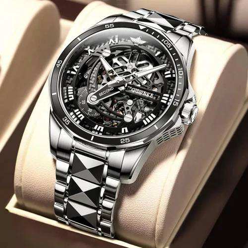 Vista 4 de OLEVS Mens Skeleton Automatic Watch Fashion Big Face Sapphire Crystal Roman Numerals Self Winding Watches Gold Silver Black Tungsten Steel Watch for