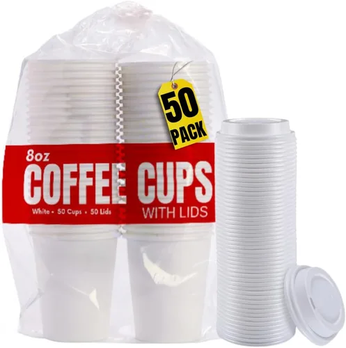 Vista 7 de Tazas de café de 8 onzas con tapas desechables de papel para café caliente (50 tazas y 50 tapas)
