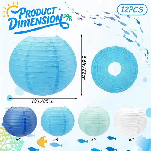 Vista 2 de 12 linternas de papel azules, faroles de papel de 10 pulgadas, decoraciones de fiesta azules para bodas, verano, cumpleaños, hogar, temática