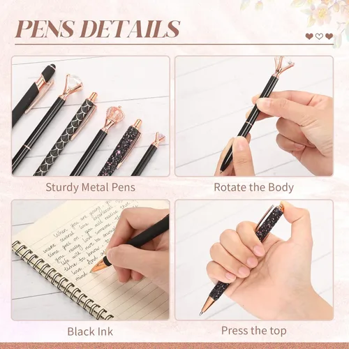 Vista 3 de Qeeenar Juego de 6 bolígrafos de bola de metal con cristales de diamante para diario, bonitos y brillantes, elegantes artículos de papelería, tinta