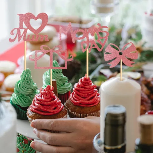 Vista 3 de Decoración para cupcakes para el Día de la Madre, 24 piezas con purpurina para fiesta de cumpleaños, suministros de cartón y bambú de primera calidad