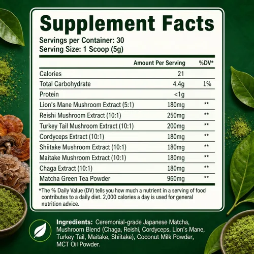 Vista 7 de Suiyilary Matcha de hongos, té matcha ceremonial en polvo con 7 hongos superalimentos, sin gluten, sabor genial matcha caliente o frío último, 5.29