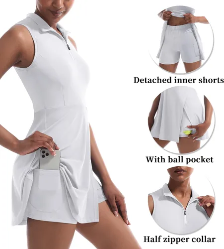 Vista 3 de CUGOAO Vestido de tenis para mujer, vestido de golf, vestido de entrenamiento con pantalones cortos y bolsillos para vestidos deportivos sin mangas