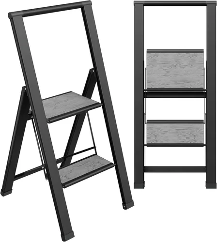 Vista 19 de Escalera de Peldaños de 1 Escalón Plegable, Decorativa - Hermosa Madera Gris y Aluminio Negro, Perfil Ultra Delgado, Peldaños Antideslizantes