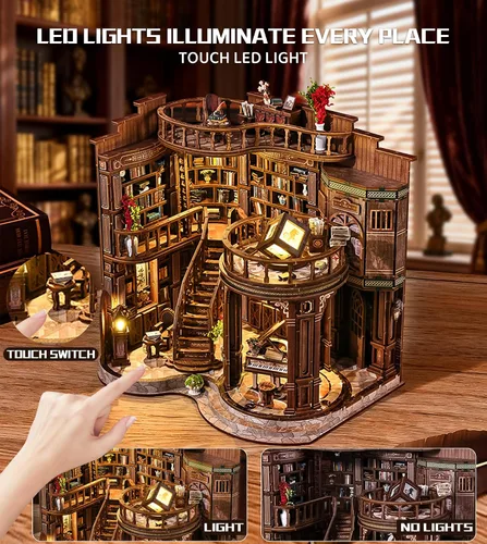 Vista 3 de Roroom Kit de casa en miniatura para bricolaje, rincón de libros de ensueño con luz LED, rompecabezas de madera 3D, kit de casa de muñecas