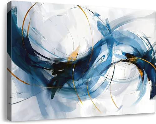 Vista 20 de Lienzo abstracto grande para pared, pinturas artísticas modernas de acuarela, fantasía negra y azul, graffiti colorido sobre fondo blanco