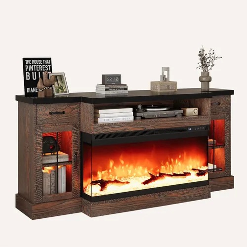Vista 8 de 4 EVER WINNER Soporte de TV con chimenea de 70 pulgadas para televisores de Marrón