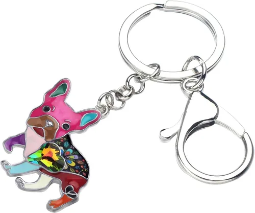 Vista 3 de Bonsny - Llavero de metal esmaltado con forma de corazón con diamantes de imitación, diseño de bulldog francés, para mujeres, niños, bolso de coche