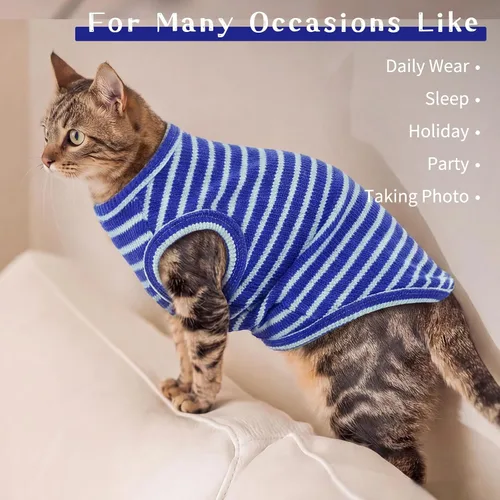 Vista 5 de BRKURLEG Camisa de punto para gatos, chaleco sin mangas para gatos Sphynx y perros pequeños, ropa suave de primavera y verano, camisetas Rayas azules