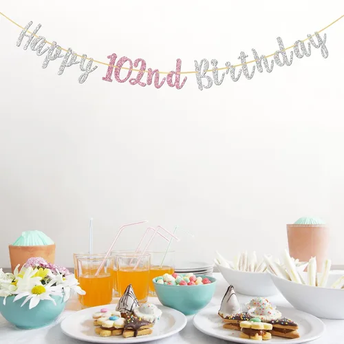 Vista 5 de Cartel de feliz cumpleaños número 102, pancarta para mujeres de 102 años, regalos de cumpleaños 102, decoraciones de guirnalda de fiesta de saludos