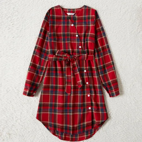 Vista 6 de PATPAT Conjuntos familiares a juego para mamá y yo, vestidos de falda y camisa a cuadros para parejas, conjuntos de manga larga con bolsillos