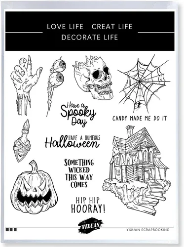 Vista 4 de Juego de sellos transparentes espeluznantes y troqueles de corte de metal con diseño de calavera de calabaza de Halloween con paquete de caja