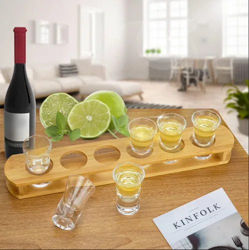 Vista 8 de D&Z Vasos de chupito de 1 oz con soporte, juego de vasos de chupito en bandeja de madera de bambú, 6 vasos de chupito de base pesada para whisky