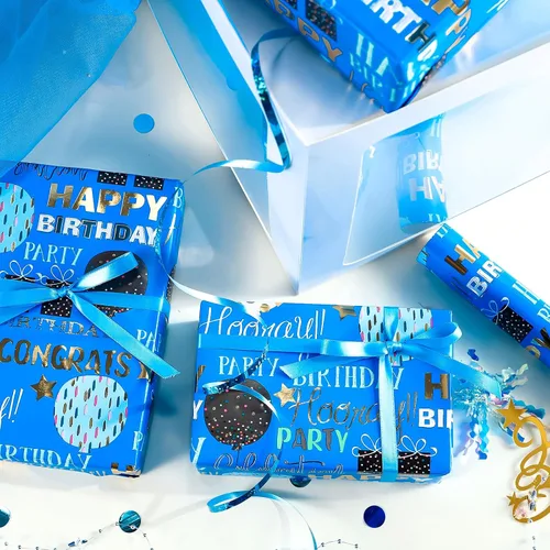 Vista 6 de WRAPAHOLIC Papel de regalo para cumpleaños - Rollo mini - 17 pulgadas x 16.5 pies - Papel de regalo azul dorado con foil brillante de feliz Azul