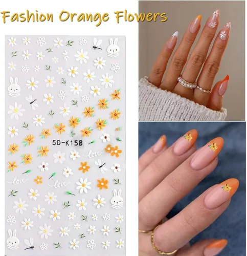 Vista 5 de Calcomanías de arte de uñas de flores 5D en relieve, calcomanías de uñas autoadhesivas para primavera y verano, accesorios de flores 3D