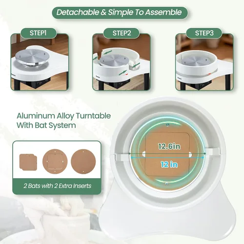 Vista 3 de Huanyu Máquina de rueda de cerámica para adultos Máquina eléctrica de arcilla de cerámica de 12.6 pulgadas, 400 W, con pantalla LCD y pedal de pie