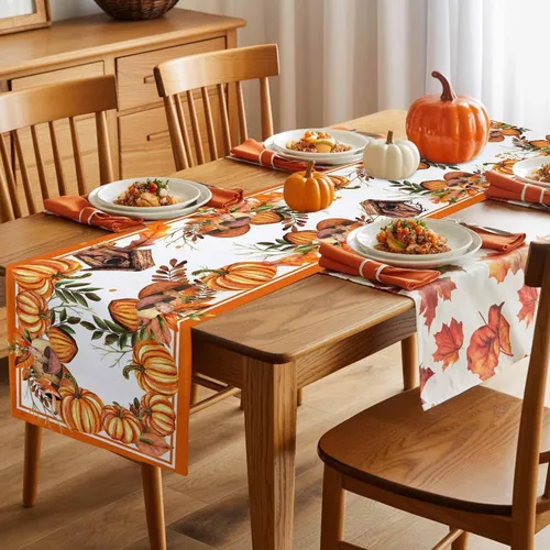 Vista 7 de T&H XHome Camino de mesa de lino de 36 pulgadas de largo para Acción de Gracias, otoño, calabaza, naranja, acuarela, para fiesta, comedor, aparador