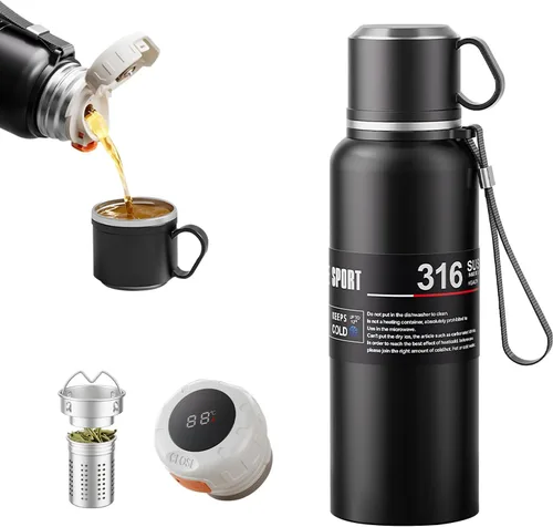 Vista 10 de Botella de agua aislada de boca ancha de acero inoxidable a prueba de fugas al vacío de doble pared, vaso de té con infusor, taza, tapa; termos