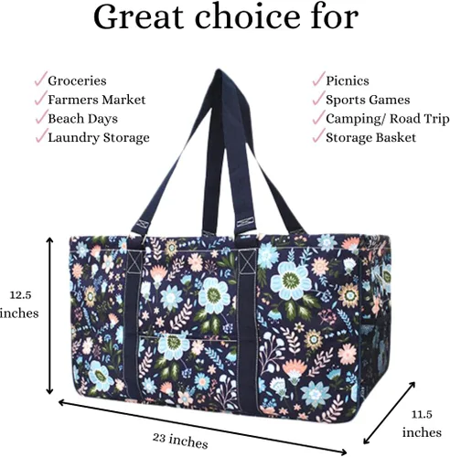Vista 323 de NGIL Bolsa de comestibles reutilizable extra grande plegable de gran tamaño para comestibles, almacenamiento, picnic, playa, Estampado