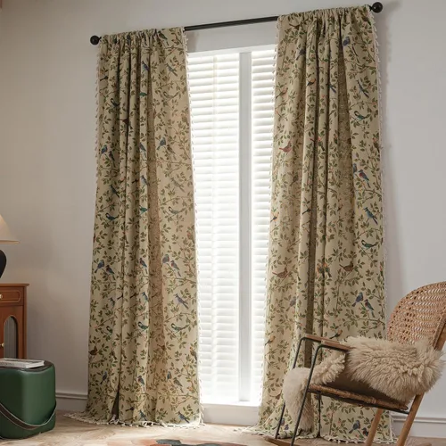 Vista 8 de Paneles de cortina de jacquard con borlas, patrón botánico, reducción de luz, aislamiento térmico, bolsillo para barra, cortinas para ventana