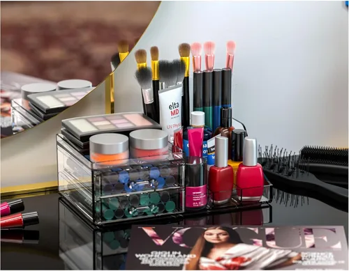 Vista 5 de Organizador de maquillaje pequeño de acrílico con cajones, organizador de cuidado de la piel transparente para tocador, cómoda, encimera de baño