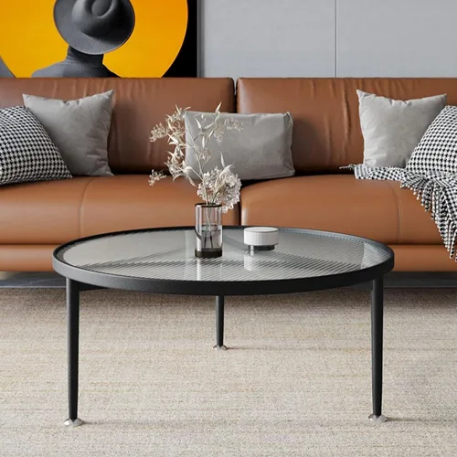 Vista 3 de Furniture Coffee Table - with Inset Tempered Glass Top and Metal Frame & Legs - Low Circle Minimalist Center Table Home Decor, Tea/Sofa/End Round