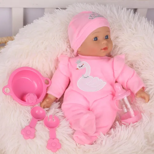 Vista 4 de Muñeca de bebé suave de 13 pulgadas con mochila de muñeca rosa para llevar, juego de 6 piezas con botella y accesorios (rosa)