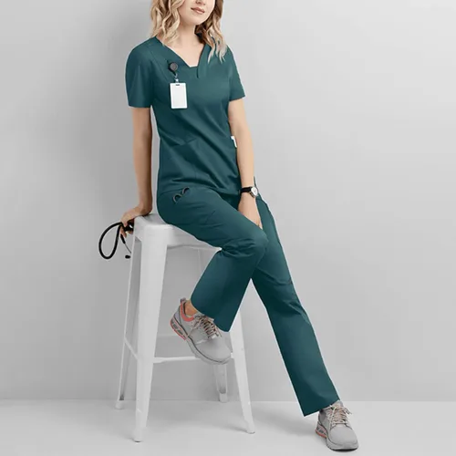 Vista 2 de Conjunto de uniforme médico para mujer, elástico en 4 direcciones, bolsillos ligeros, cuello en V, conjunto de ropa quirúrgica con cordón elástico