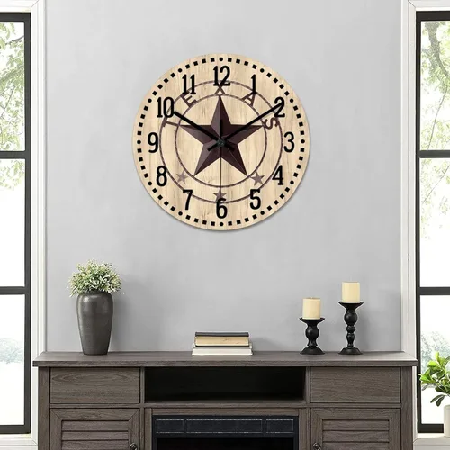 Vista 6 de Reloj de pared clásico de estilo rústico con estrella de Texas occidental, reloj analógico de madera silencioso sin tictac, funciona
