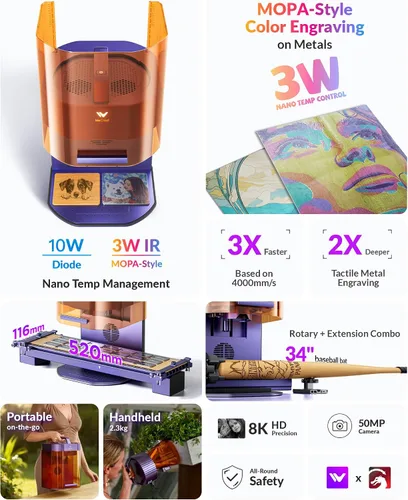 Vista 2 de WECREAT Grabador láser portátil Lumos, IR de 3 W y diodo de 10 W, 157.480 Básico