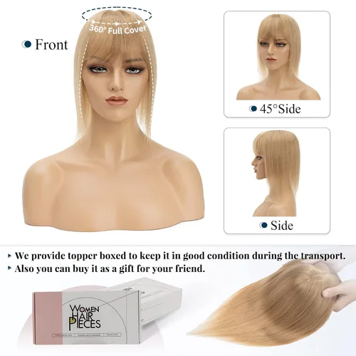Vista 8 de Benehair Peluca de cabello con clip con flequillo, peluca secreta de cabello 100% humano, postizo superior con flecos, peluca de repuesto
