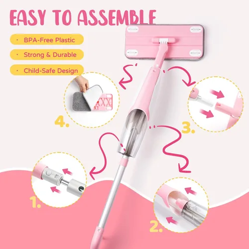 Vista 4 de Juego de juguetes de limpieza para niños, mini trapeador de aerosol rosa, juguetes Montessori, herramienta de limpieza para niños pequeños