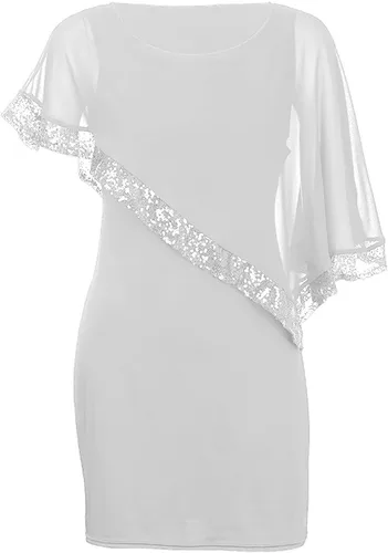 Vista 2 de Vestidos irregulares de verano con lentejuelas negras de gasa con hombros descubiertos, cuello redondo, manga corta, huecos, para mujer, Gris