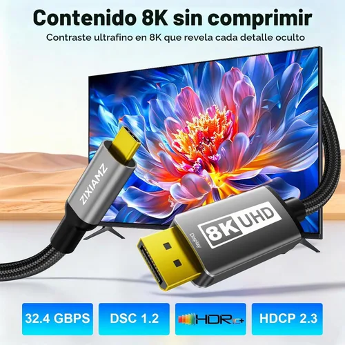 Vista 2 de Cable USB C a puerto de pantalla 1.4 (8K @60Hz 4K a 240Hz) 6FT