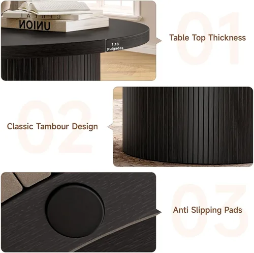 Vista 6 de ONBRILL Mesa de centro redonda de 31.5 pulgadas, mesas de centro con diseño de tambor para sala de estar, mesa de centro de madera moderna de Negro