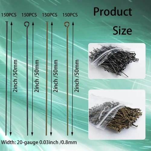 Vista 2 de 600 Piezas Alfileres de Cabeza Plana de Ojo de 2 Pulgadas para Hacer Joyas DIY, Alfileres de Cabeza Rectos de Bronce y Metal Negro para Manualidades
