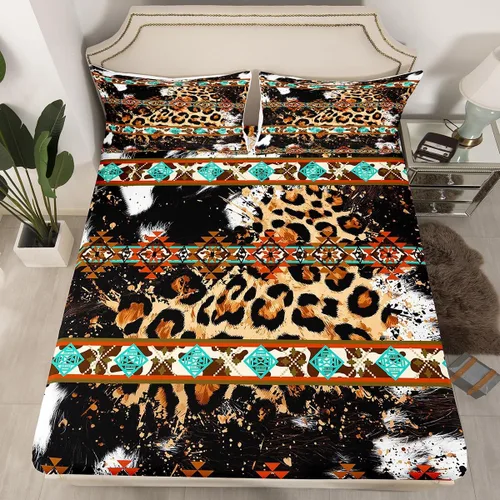 Vista 51 de Juego de ropa de cama de estilo bohemio occidental, tamaño individual, diseño de vaca atrapasueños, sábana bajera ajustable del suroeste, tribu