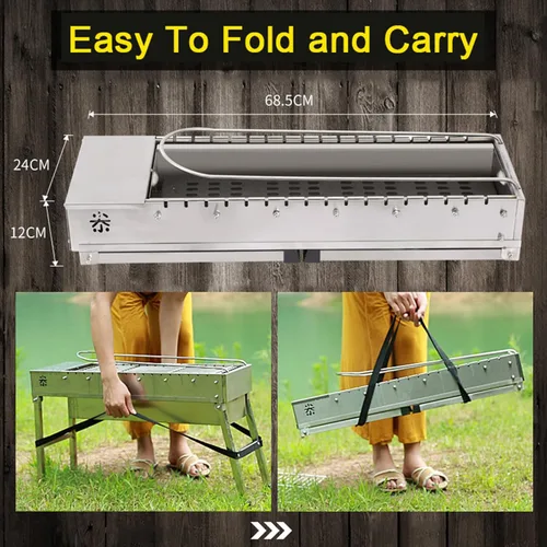 Vista 2 de Parrilla de carbón eléctrica USB, parrilla giratoria automática de acero inoxidable plegable con 17 varillas de asado para acampar al aire libre