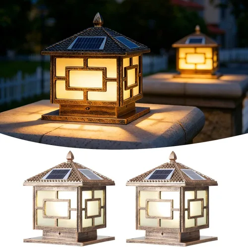 Vista 8 de Luces solares para postes al aire libre, IP65, impermeables, de bronce, lámparas de columna exterior de 9.8 pulgadas, luces de pilar de aluminio