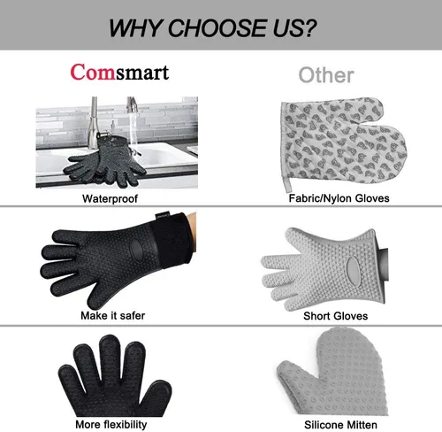 Vista 3 de Comsmart Guantes para barbacoa, guantes de silicona resistentes al calor para parrilla, manoplas de horno de cocina impermeables y largas con capa