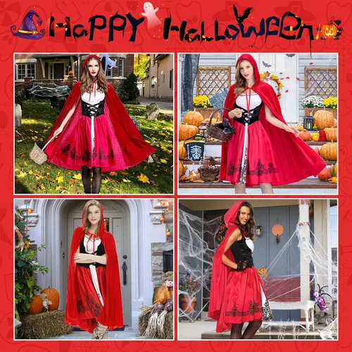 Vista 3 de Disfraz de capucha roja para mujer, bata de Halloween, capa de longitud completa con capucha para cosplay