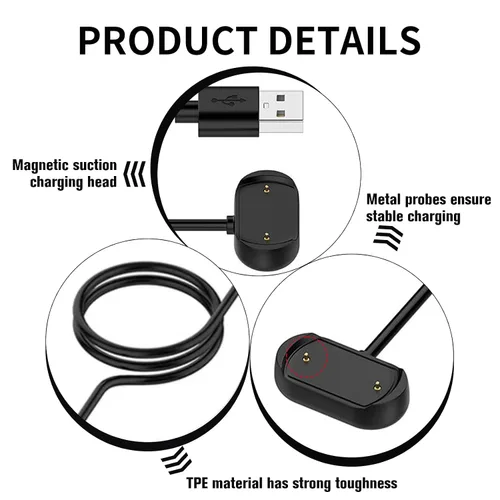 Vista 3 de Cable magnético de cargador de reloj inteligente, protección contra sobrecorriente integrada de 2 pines de 3.3 pies 5V1A USB-A, accesorios