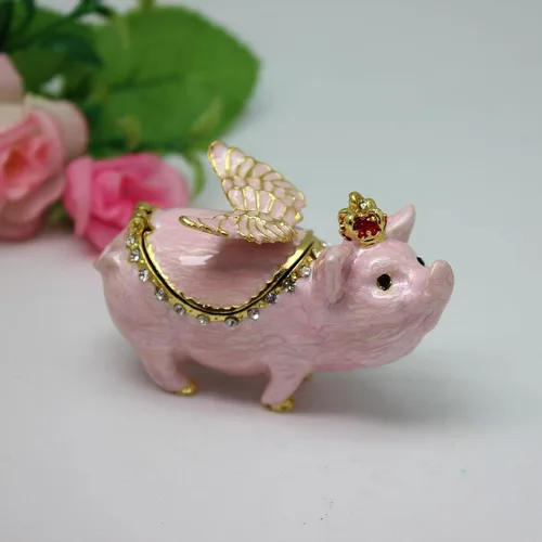 Vista 8 de Caja de joyería esmaltada adornos de almacenamiento rosados decorativos únicos con figuras clásicas con bisagras bonita caja de joyería de animales