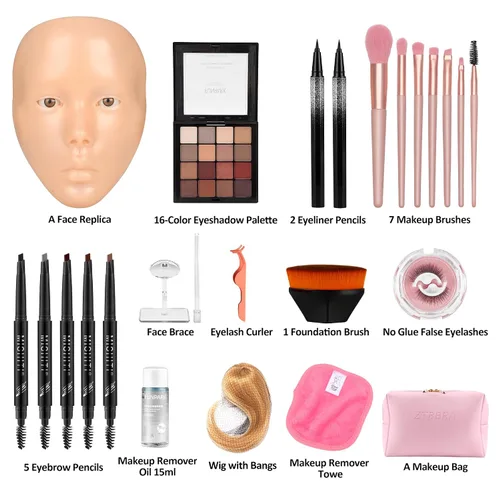Vista 2 de Cara de práctica de maquillaje para niños, cabezal de entrenamiento de silicona 5D con kit completo, kit de práctica de maquillaje reutilizable