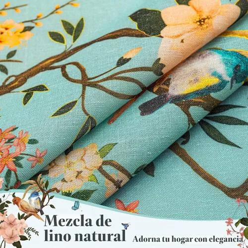 Vista 2 de Cortinas de lino de pájaro floral azul 2 paneles de 72 pulgadas de largo Aqua Blue
