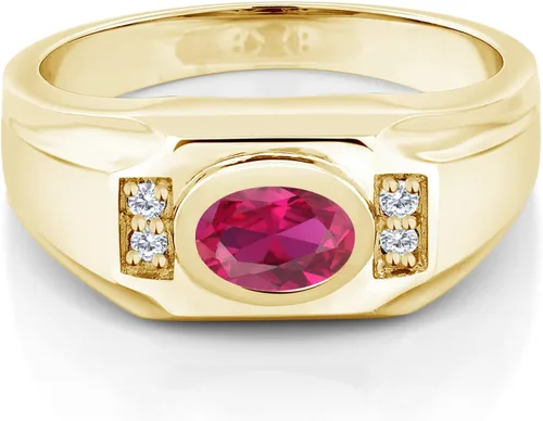 Vista 2 de Anillo de plata chapada en oro amarillo de 18 quilates para hombre, ovalado, rojo, rubí y piedra gema, moissanita creada por King (1.50 quilates)