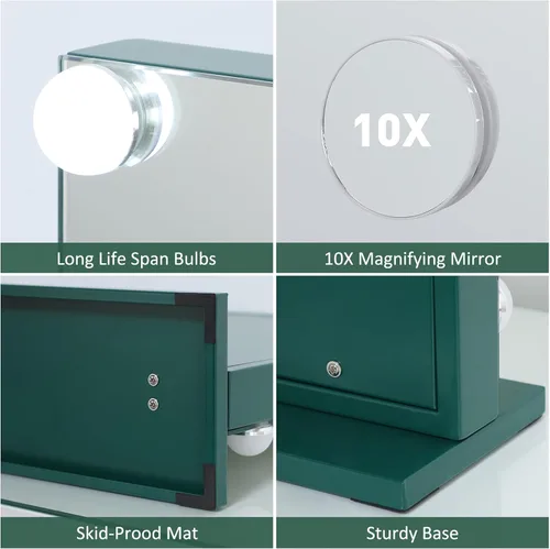 Vista 5 de HOMPEN Hollywood Vanity Mirror Makeup Mirror with Lights, Touch Screen, 3 Color Modes Frameless Tabletop Mirror with 17 Dimmable Bulbs, Green