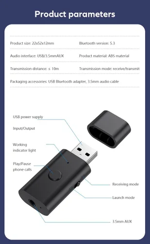 Vista 8 de Receptor transmisor Bluetooth 5.3, adaptador USB inalámbrico auxiliar de 0.138 in, baja latencia, micrófono integrado, transmisión de música