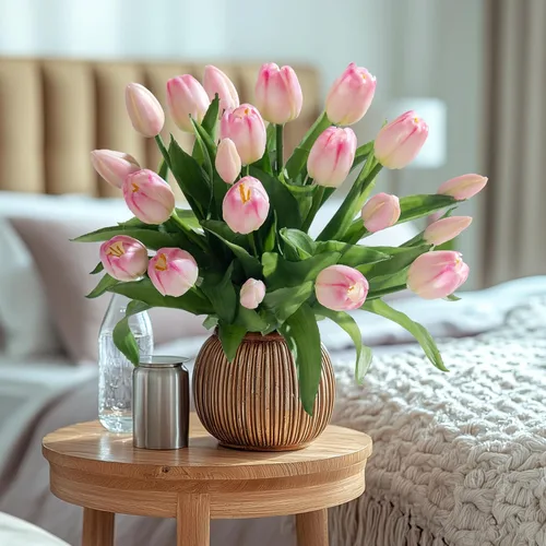 Vista 9 de Bailikang 20 piezas de tulipanes artificiales, flores de seda de tulipanes falsos, ramo artificial de PU, flores artificiales de imitación con caja