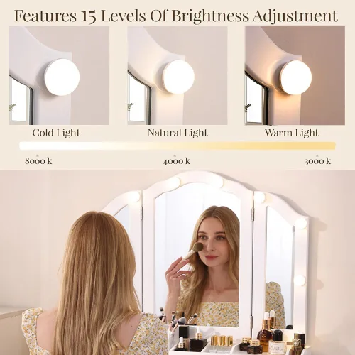 Vista 7 de Tocador de maquillaje con luces, escritorio grande con 3 modos de iluminación y brillo ajustable, escritorio desmontable con cajones y estantes